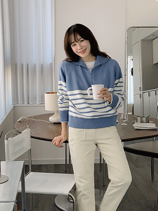 条纹半开拉链针织衫