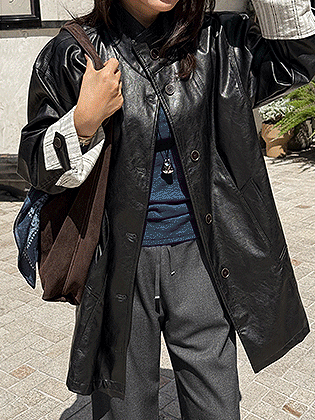 鼠尾草色拼色皮夹克