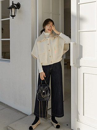 不褪色抓绒阔腿牛仔裤