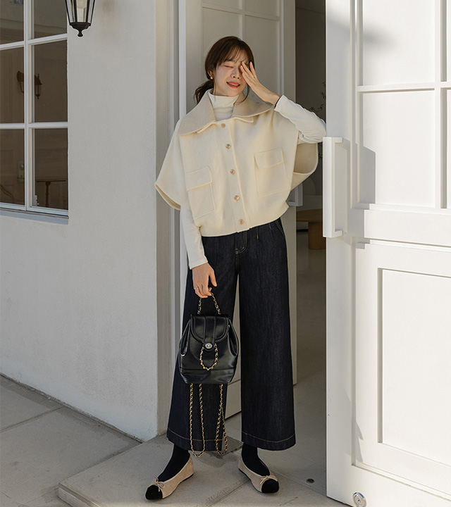 不褪色抓绒阔腿牛仔裤