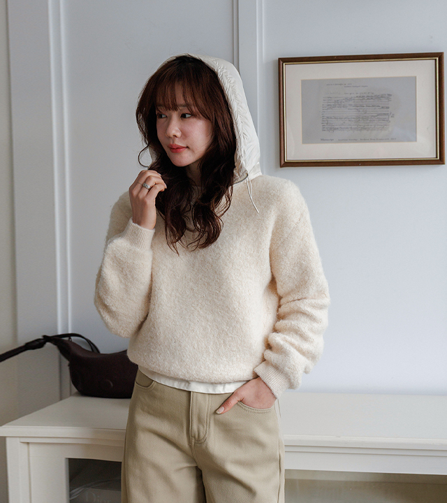 鹿图案带衬垫帽圈羊毛针织衫