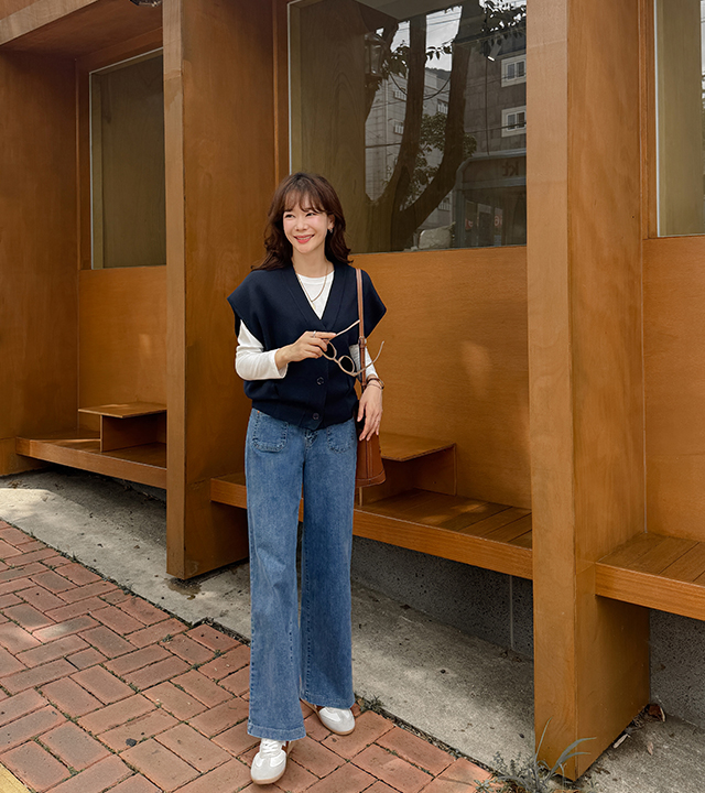 粗糙口袋半宽牛仔裤