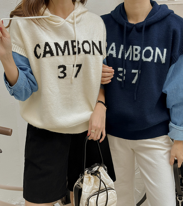 Cambon牛仔拼色连帽针织
