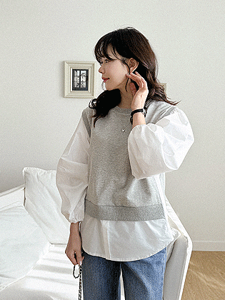Annuel 泡泡袖拼色衬衫