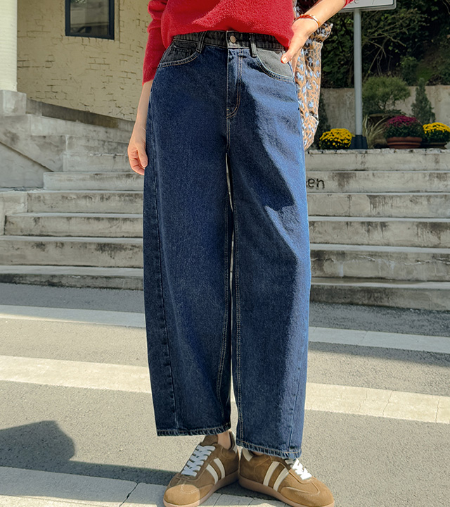 腰部撞色宽松牛仔裤