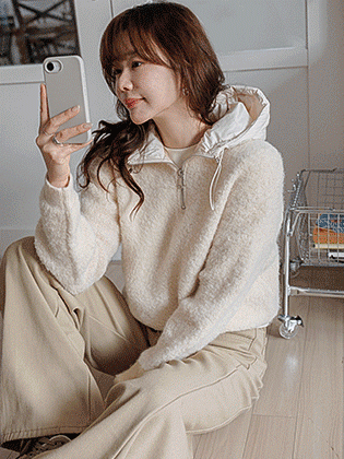 鹿图案带衬垫帽圈羊毛针织衫