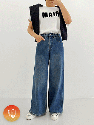 中开衩加绒宽牛仔裤