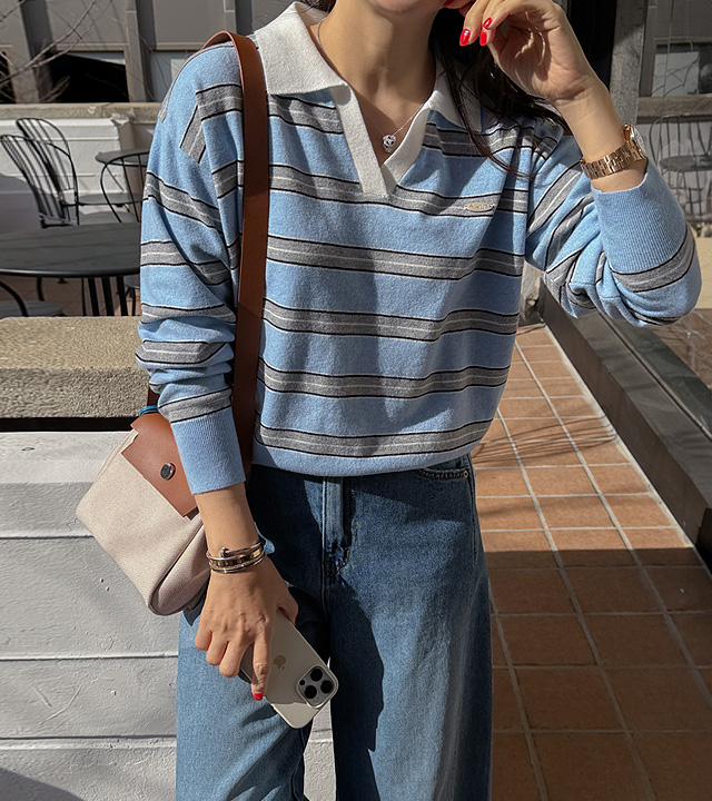 边饰条纹领针织