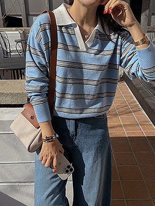 边饰条纹领针织