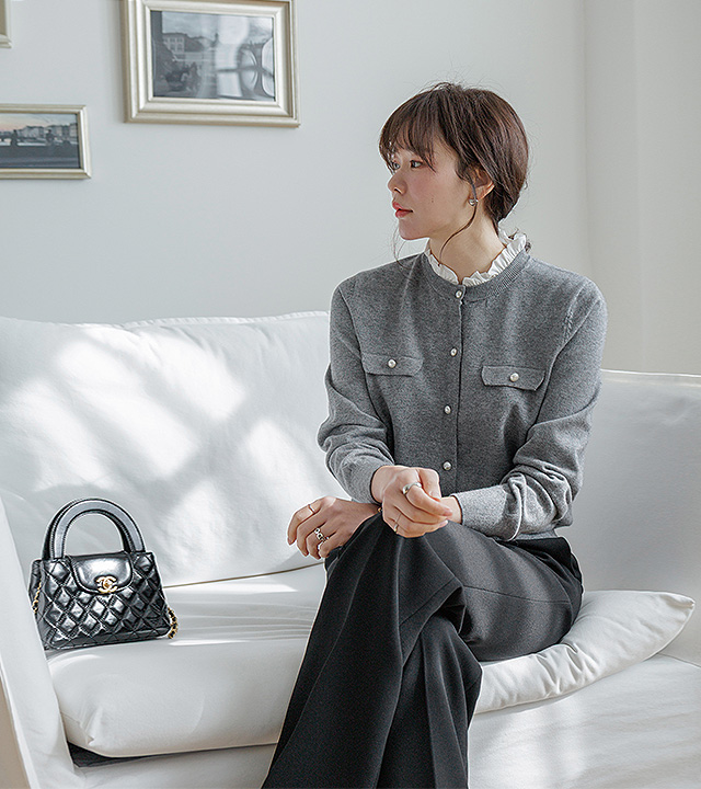 伊芙荷叶边珍珠纽扣开衫 