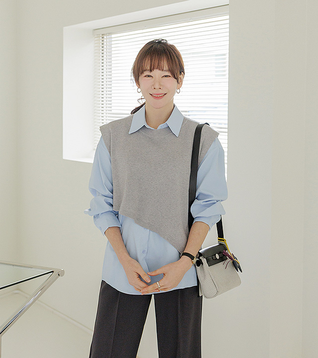 斜纹背心叠穿衬衫