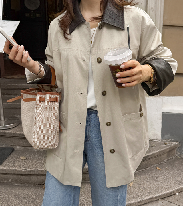 Bottega 皮革撞色工装夹克