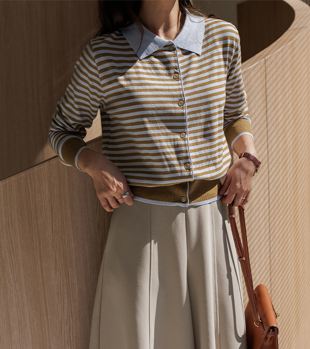 更多条纹翻领开衫