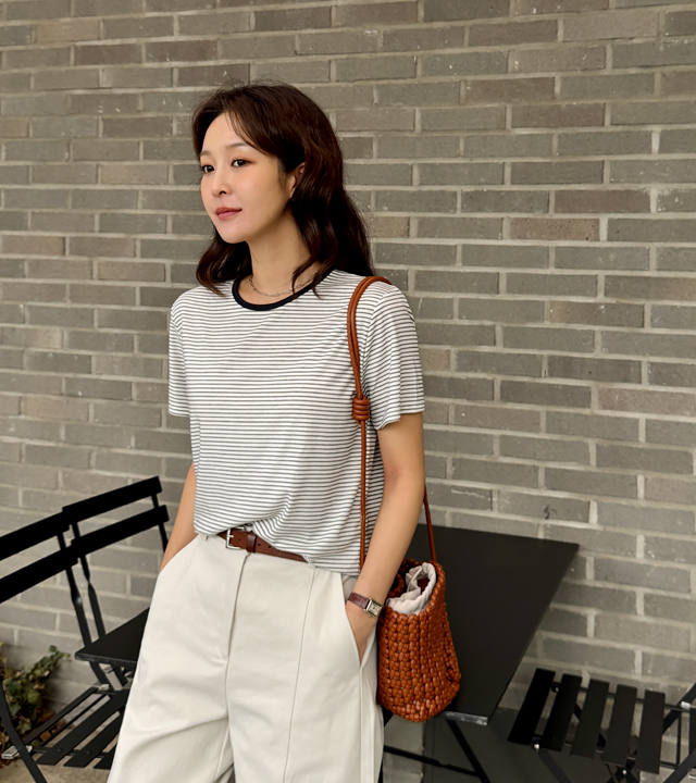 天丝细条纹短袖T恤