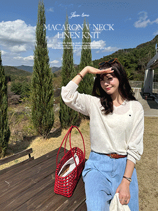 马卡龙色V领亚麻针织衫