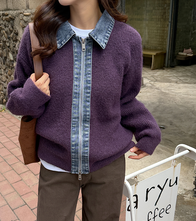 Bailey 牛仔撞色针织拉链开衫